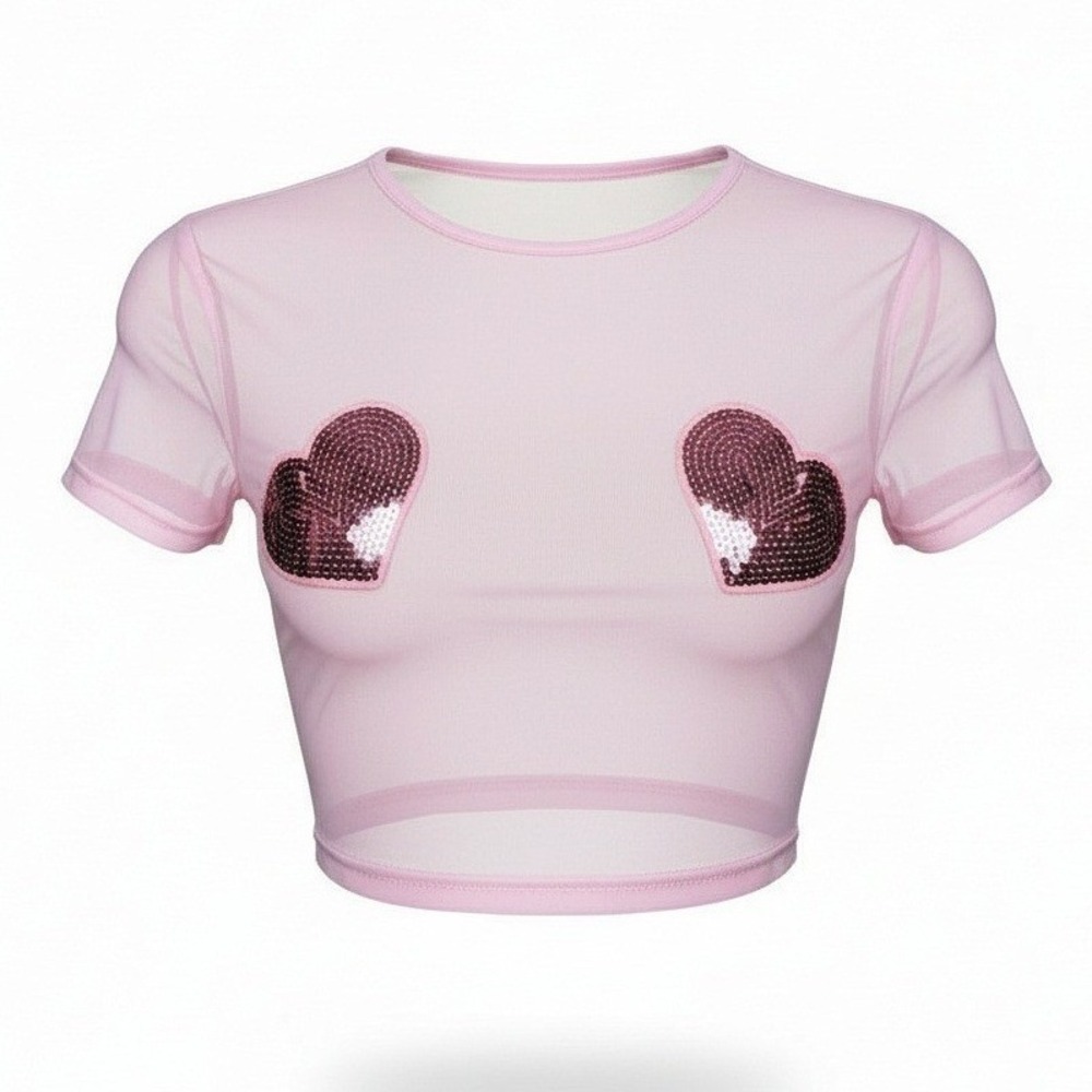 New‎ XS Pink Mesh Sequin Nipple Pastie Heart Pride Crop Top Sheer Sparkle